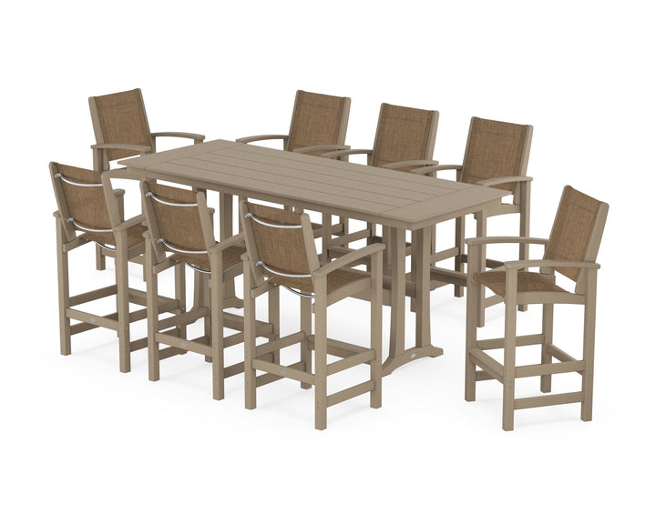 POLYWOOD® Coastal 9-Piece Farmhouse Bar Set with Trestle Legs