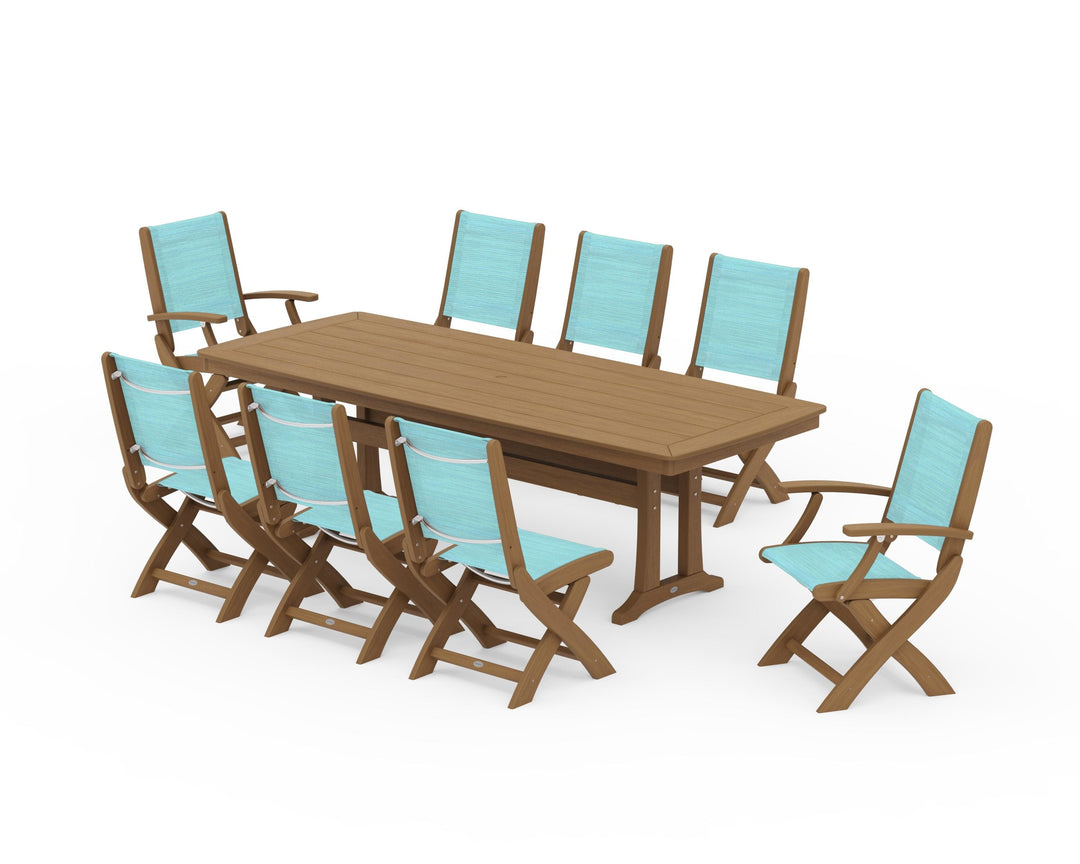 POLYWOOD® Coastal Folding 9-Piece Dining Set with Trestle Legs