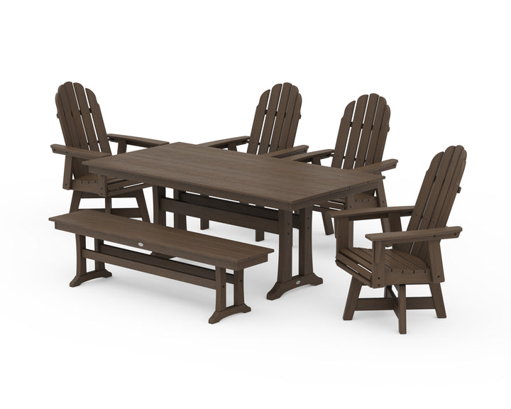 POLYWOOD® Vineyard Curveback Adirondack 6-Piece Swivel Chair Farmhouse Dining Set with Trestle Legs and Bench