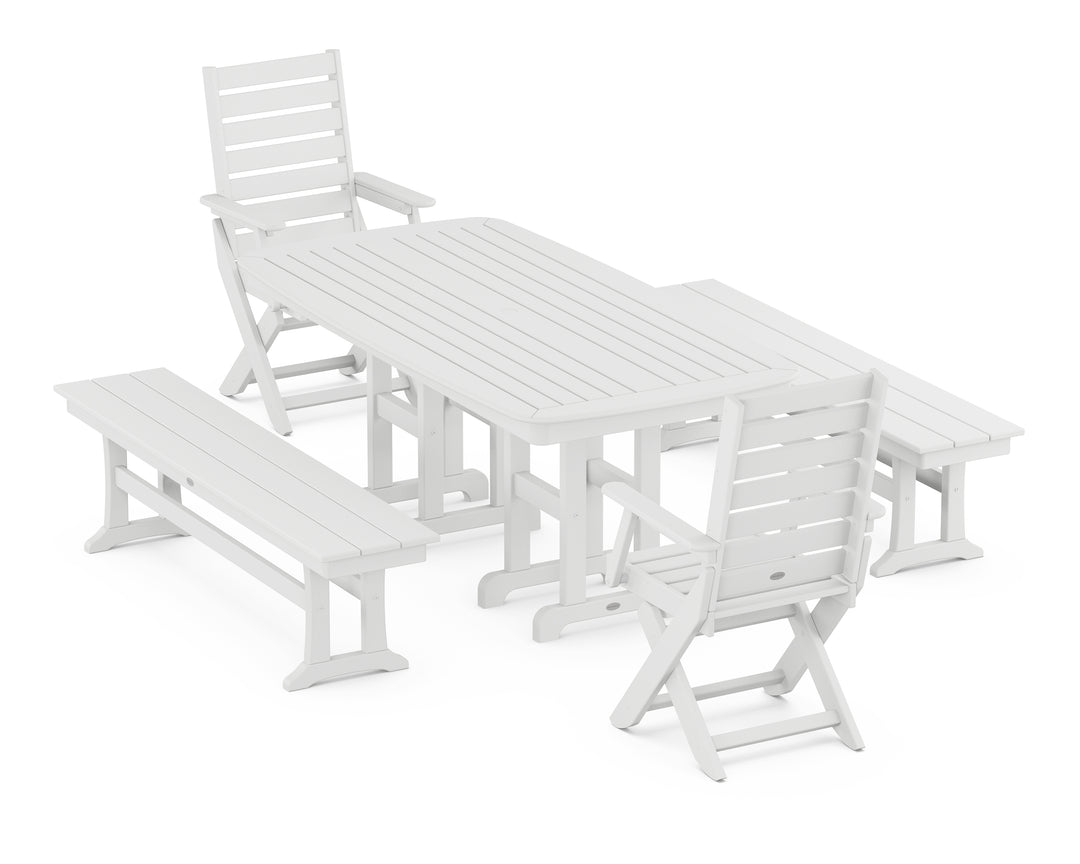 POLYWOOD® Captain Folding Chair 5-Piece Dining Set with Benches