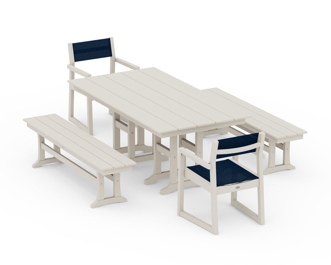 POLYWOOD® EDGE Sling Arm Chair 5-Piece Farmhouse Dining Set with Benches