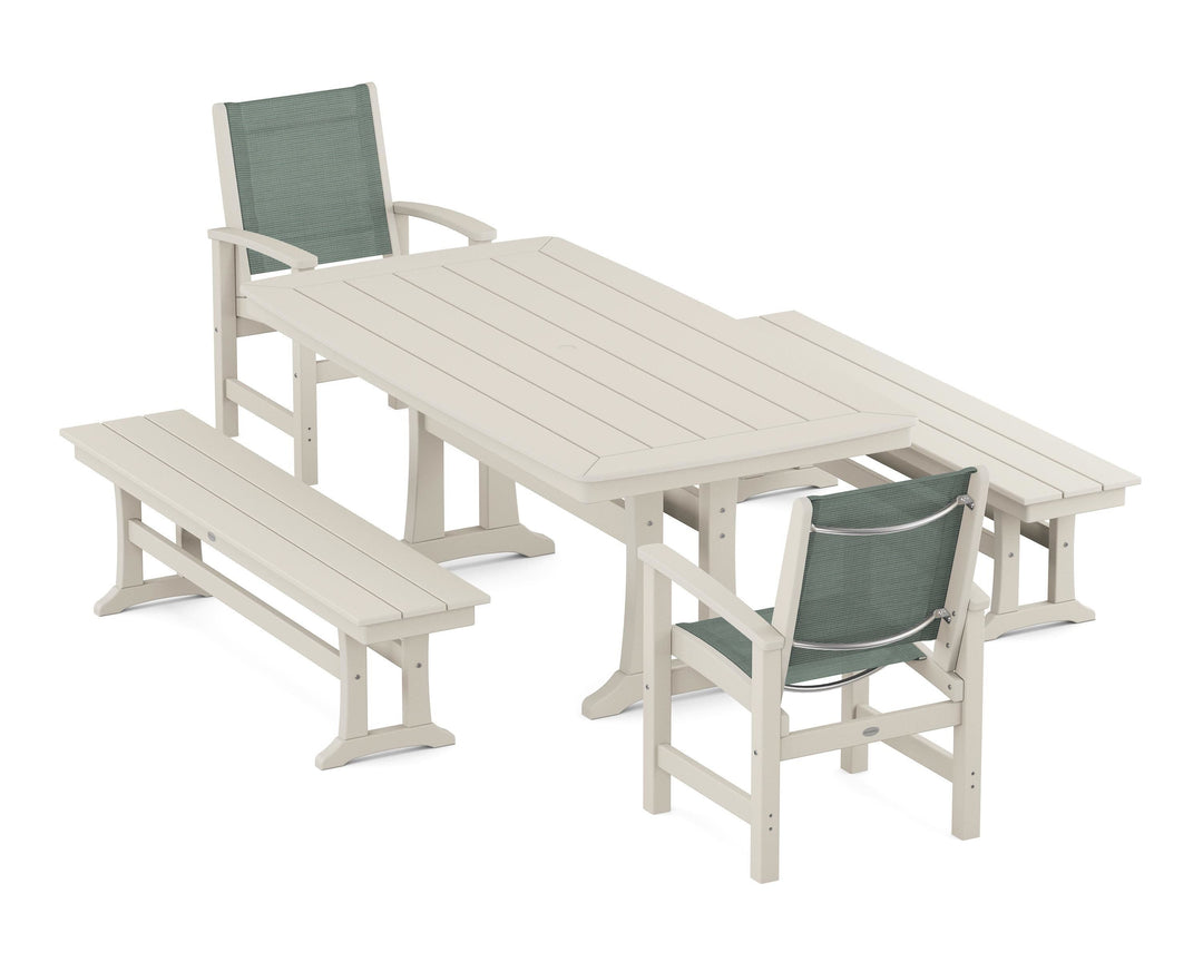 POLYWOOD® Coastal 5-Piece Dining Set with Trestle Legs and Benches