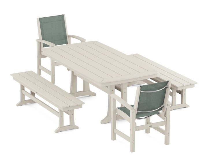 POLYWOOD® Coastal 5-Piece Dining Set with Trestle Legs and Benches