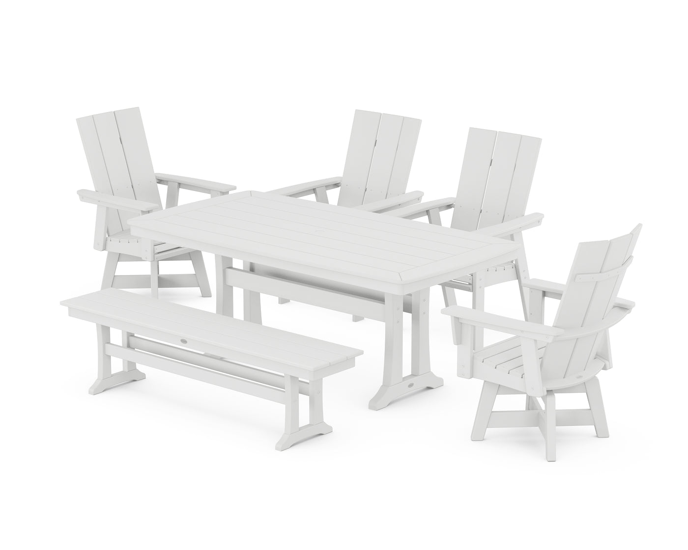 Modern Curveback Adirondack Swivel Chair 6-Piece Dining Set with Trestle Legs and Bench