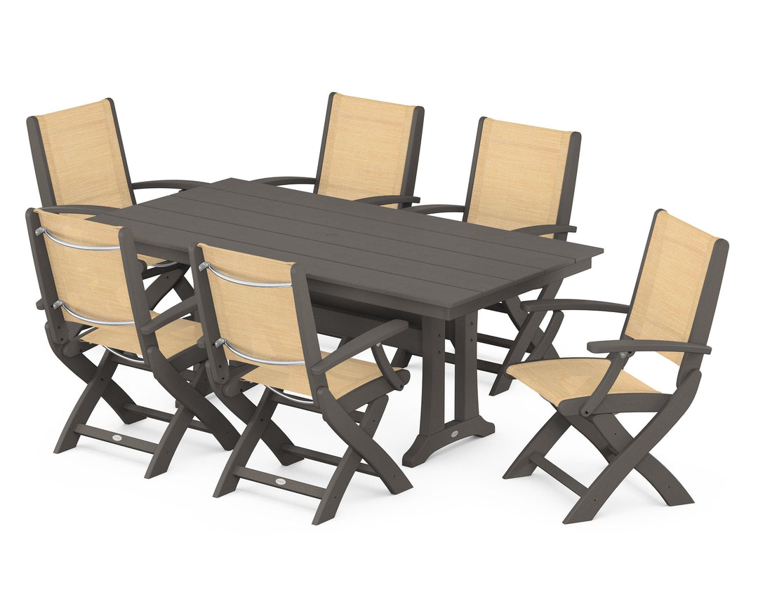 POLYWOOD® Coastal Folding Arm Chair 7-Piece Farmhouse Dining Set with Trestle Legs