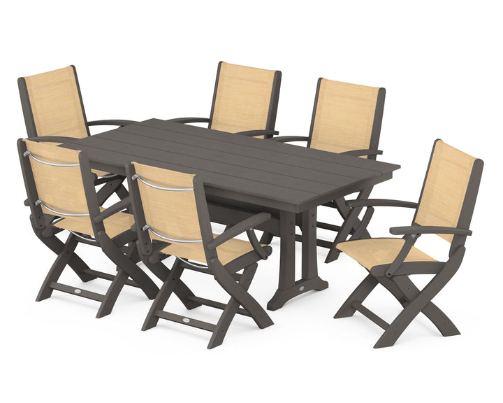 POLYWOOD® Coastal Folding Arm Chair 7-Piece Farmhouse Dining Set with Trestle Legs
