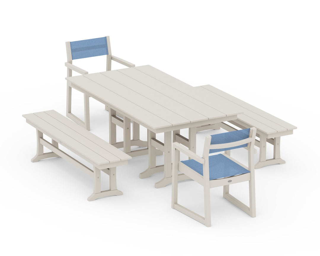 POLYWOOD® EDGE Sling Arm Chair 5-Piece Farmhouse Dining Set with Benches