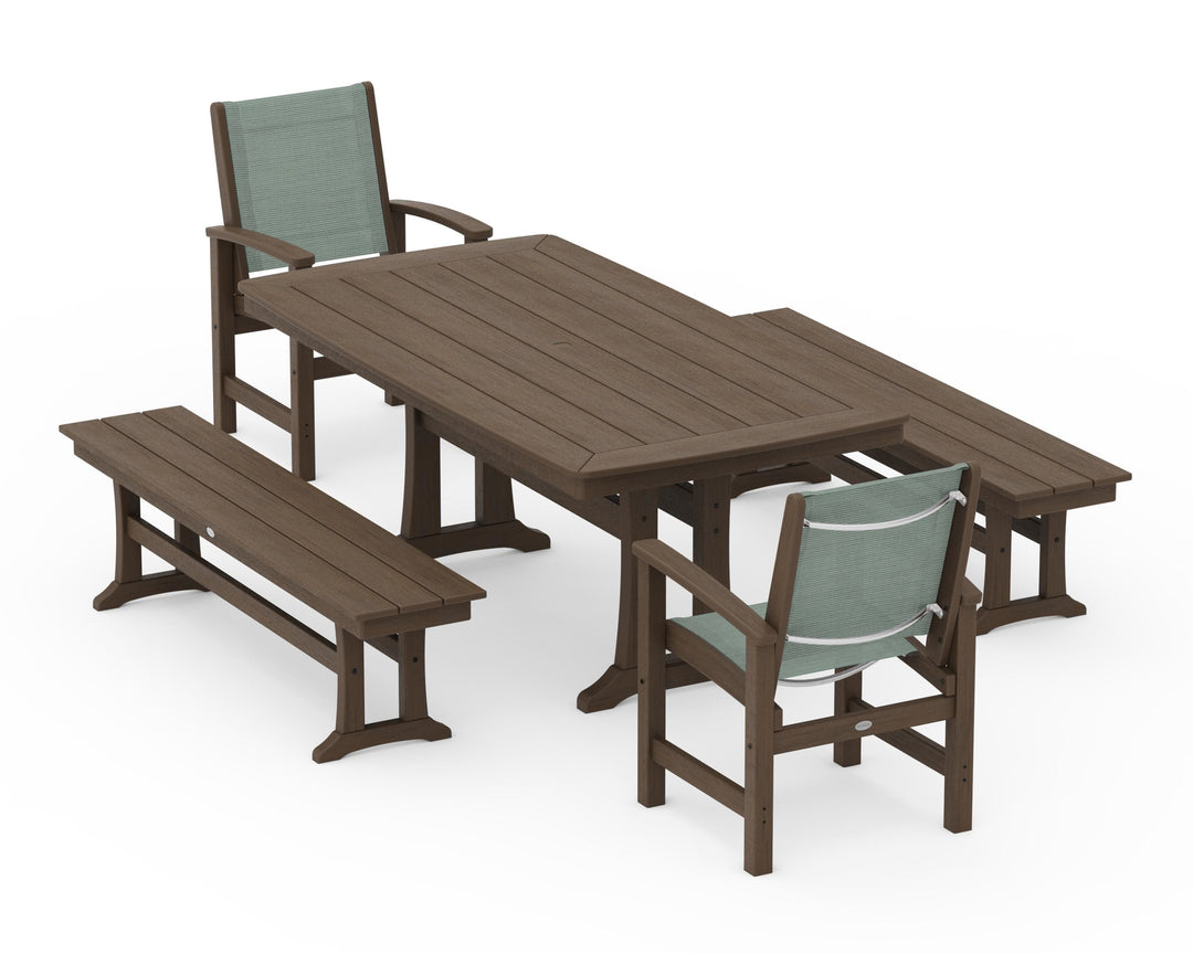 POLYWOOD® Coastal 5-Piece Dining Set with Trestle Legs and Benches