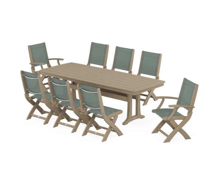 POLYWOOD® Coastal Folding 9-Piece Dining Set with Trestle Legs