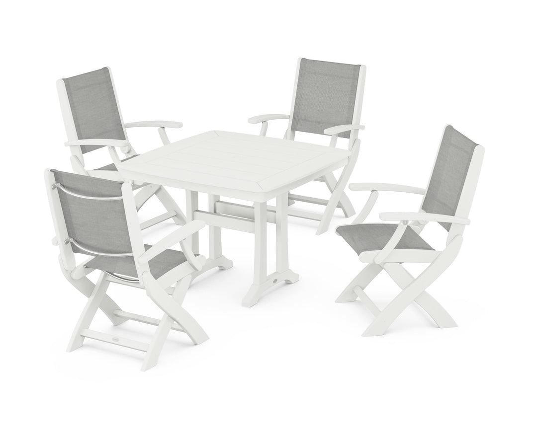 POLYWOOD® Coastal Folding Chair 5-Piece Dining Set with Trestle Legs