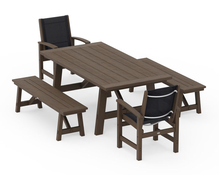 POLYWOOD® Coastal 5-Piece Rustic Farmhouse Dining Set With Benches