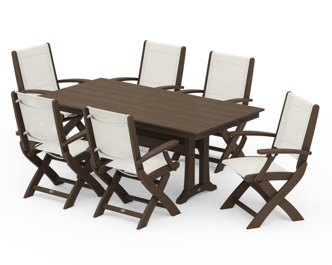 POLYWOOD® Coastal Folding Arm Chair 7-Piece Farmhouse Dining Set with Trestle Legs