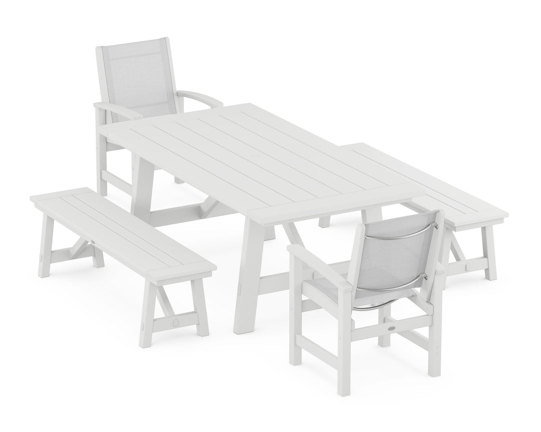 POLYWOOD® Coastal 5-Piece Rustic Farmhouse Dining Set With Benches