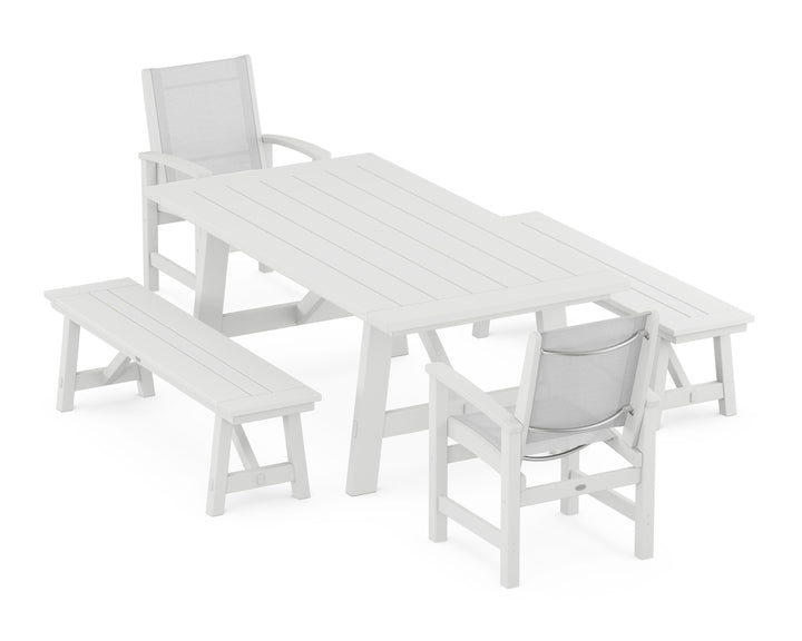 POLYWOOD® Coastal 5-Piece Rustic Farmhouse Dining Set With Benches