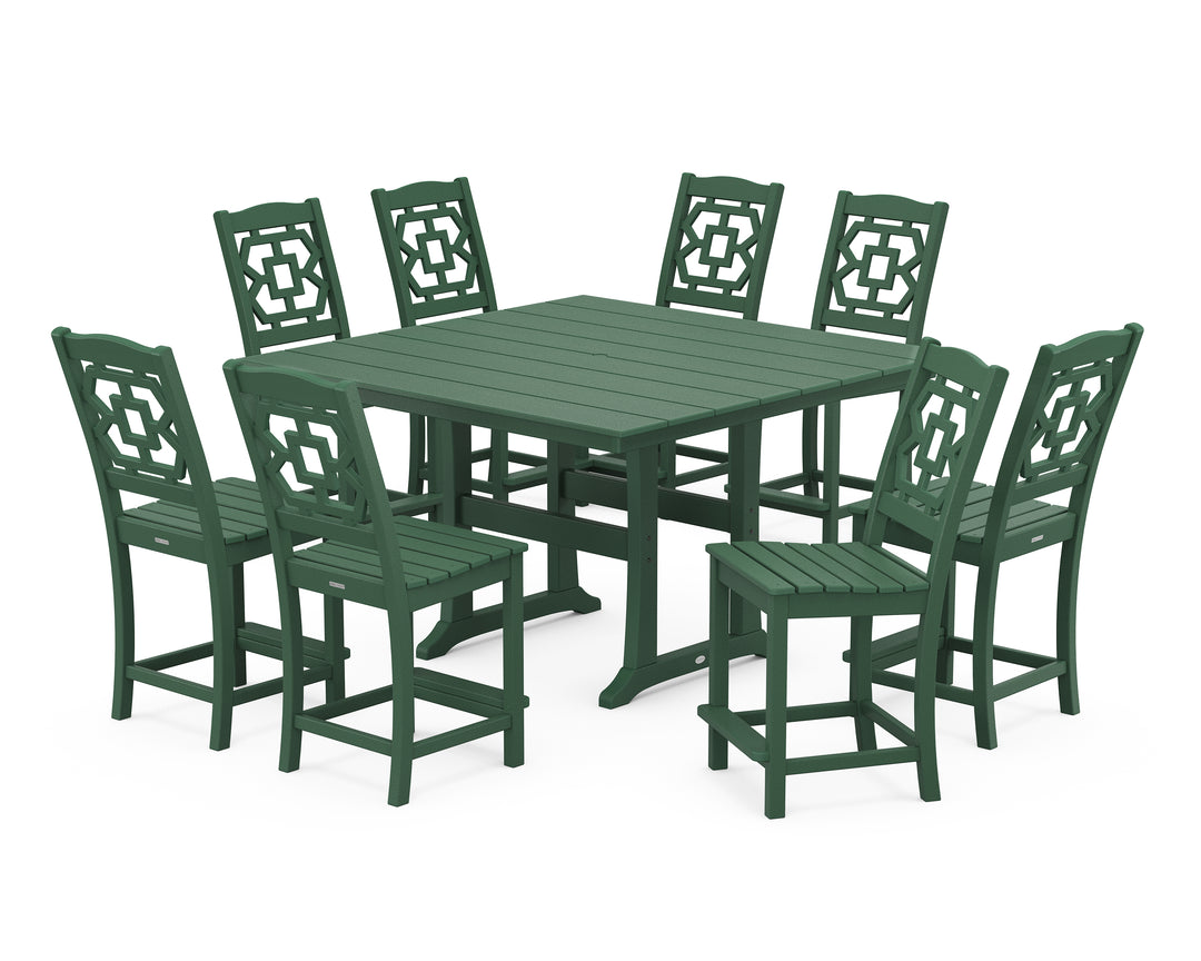 Martha Stewart by POLYWOOD® Chinoiserie 9-Piece Square Farmhouse Side Chair Counter Set with Trestle Legs