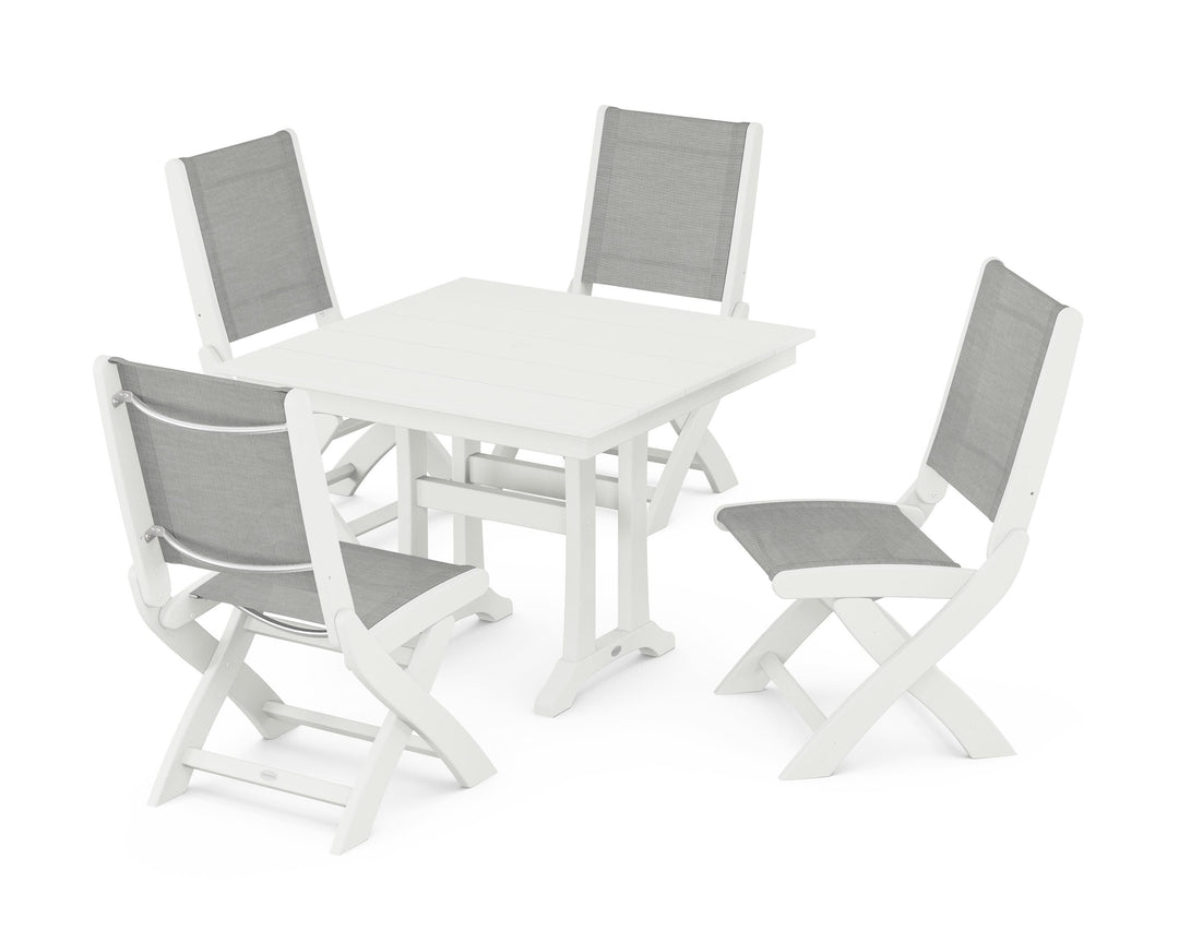 POLYWOOD® Coastal Folding Side Chair 5-Piece Farmhouse Dining Set With Trestle Legs