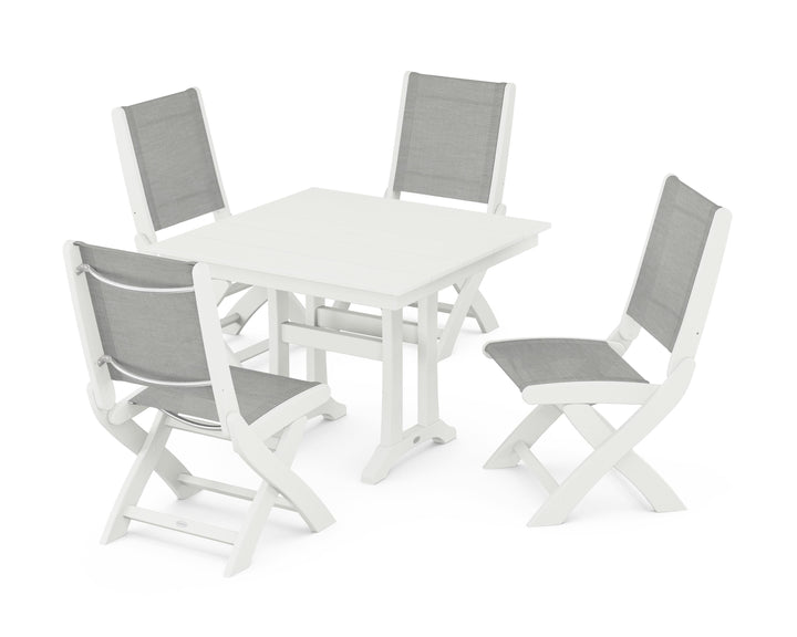 POLYWOOD® Coastal Folding Side Chair 5-Piece Farmhouse Dining Set With Trestle Legs