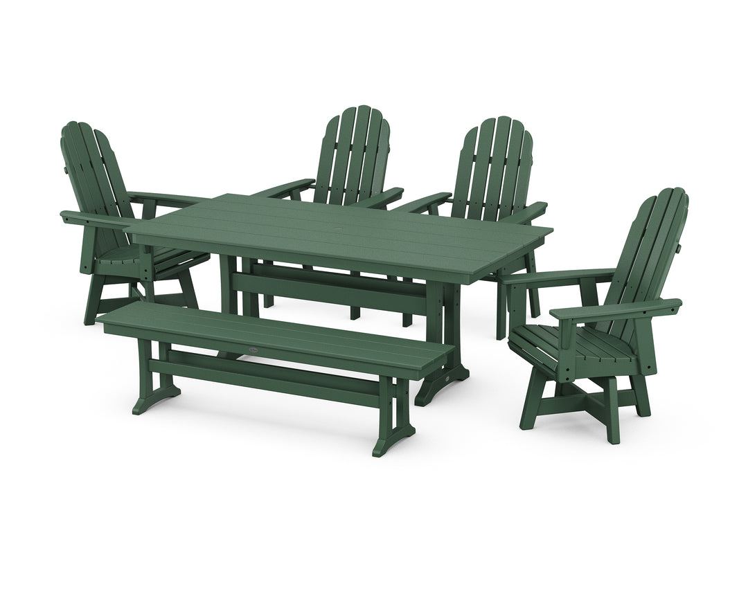 POLYWOOD® Vineyard Curveback Adirondack 6-Piece Swivel Chair Farmhouse Dining Set with Trestle Legs and Bench