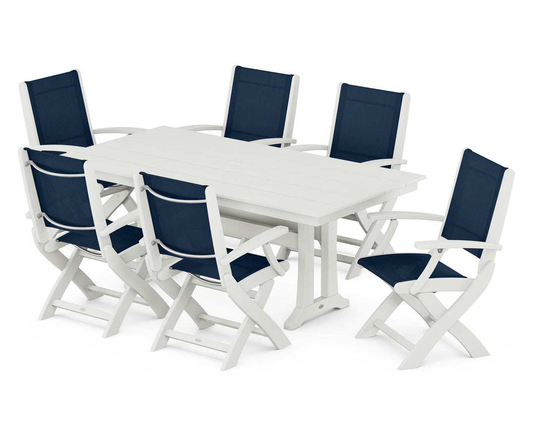 POLYWOOD® Coastal Folding Arm Chair 7-Piece Farmhouse Dining Set with Trestle Legs
