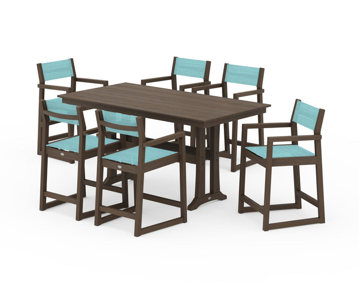 POLYWOOD® EDGE Sling Arm Chair 7-Piece Farmhouse Counter Set with Trestle Legs