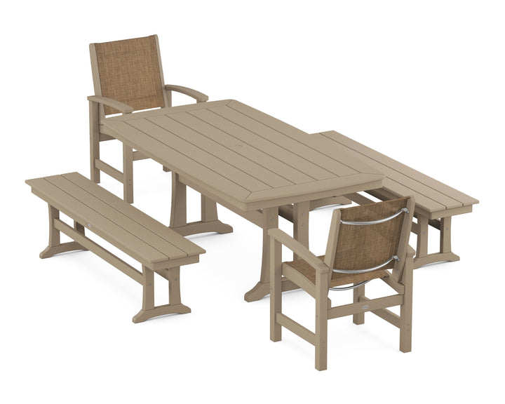 POLYWOOD® Coastal 5-Piece Dining Set with Trestle Legs and Benches