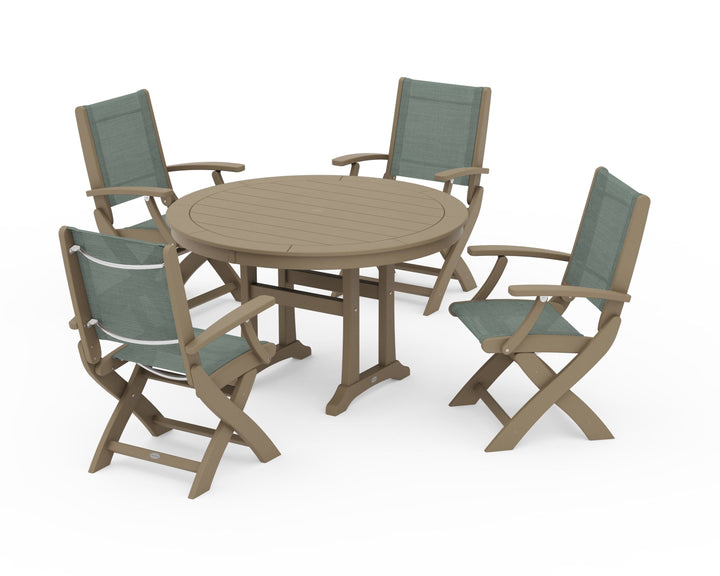 POLYWOOD® Coastal Folding Chair 5-Piece Round Dining Set with Trestle Legs