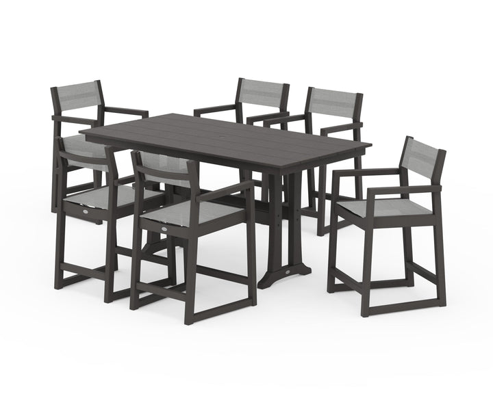 POLYWOOD® EDGE Sling Arm Chair 7-Piece Farmhouse Counter Set with Trestle Legs