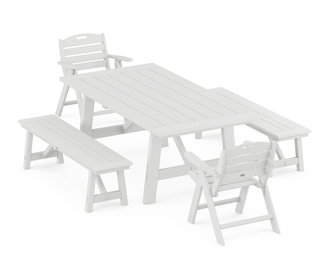 POLYWOOD® Nautical Folding Lowback Chair 5-Piece Rustic Farmhouse Dining Set With Benches
