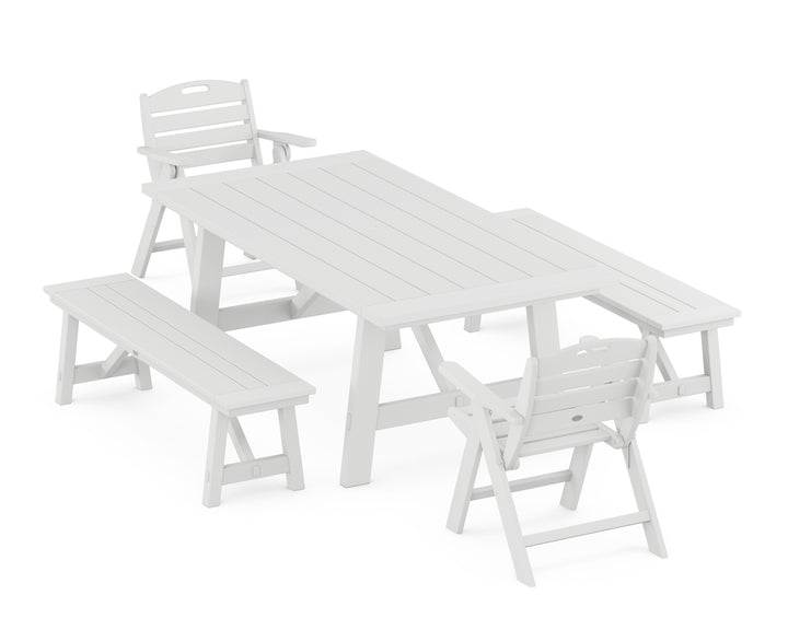 POLYWOOD® Nautical Folding Lowback Chair 5-Piece Rustic Farmhouse Dining Set With Benches