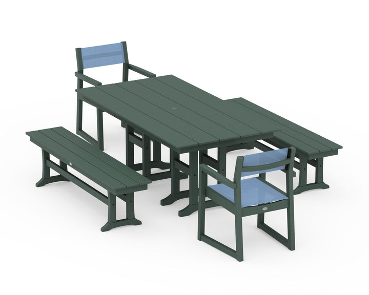 POLYWOOD® EDGE Sling Arm Chair 5-Piece Farmhouse Dining Set with Benches