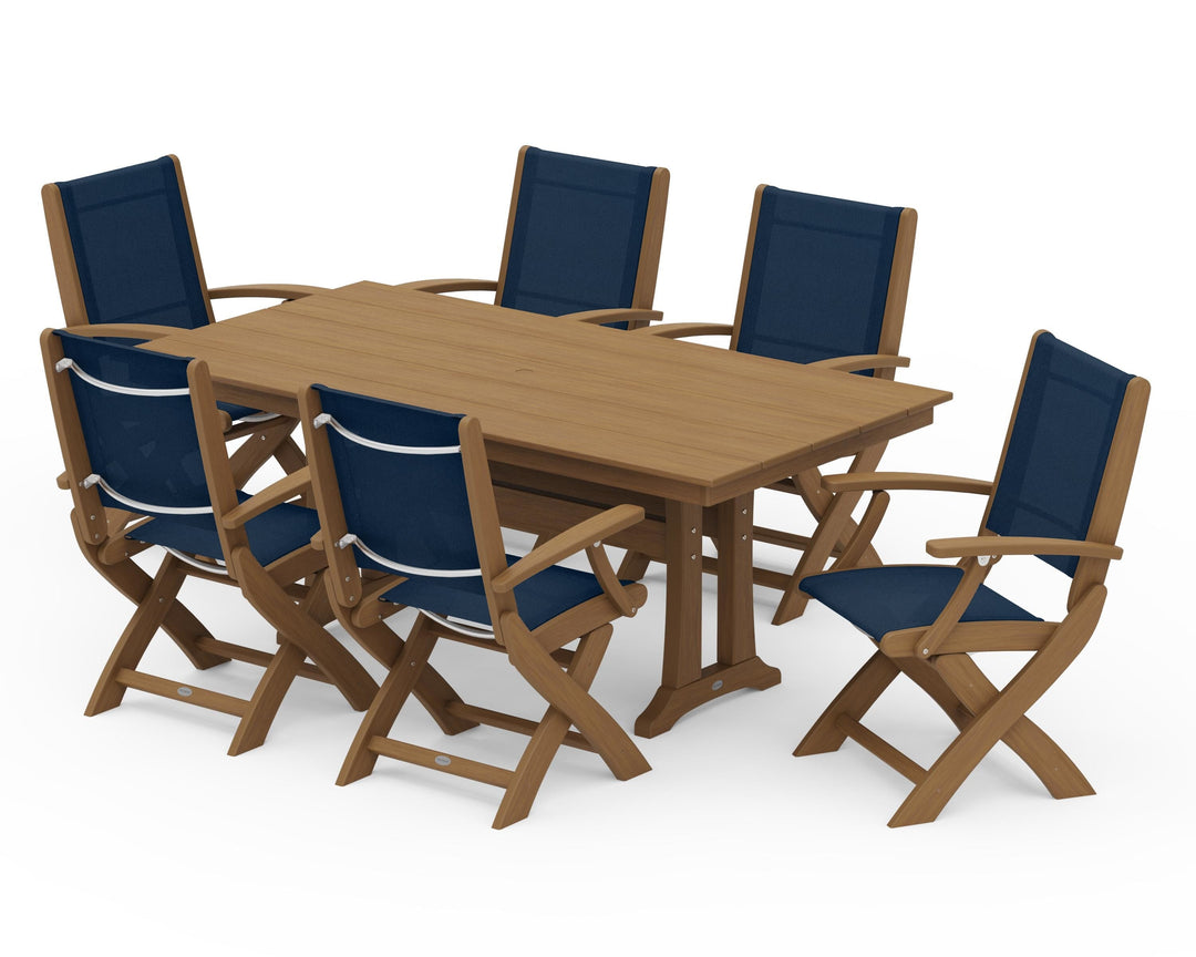 POLYWOOD® Coastal Folding Arm Chair 7-Piece Farmhouse Dining Set with Trestle Legs