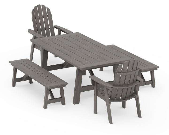 POLYWOOD® Vineyard Curveback Adirondack 5-Piece Rustic Farmhouse Dining Set With Benches