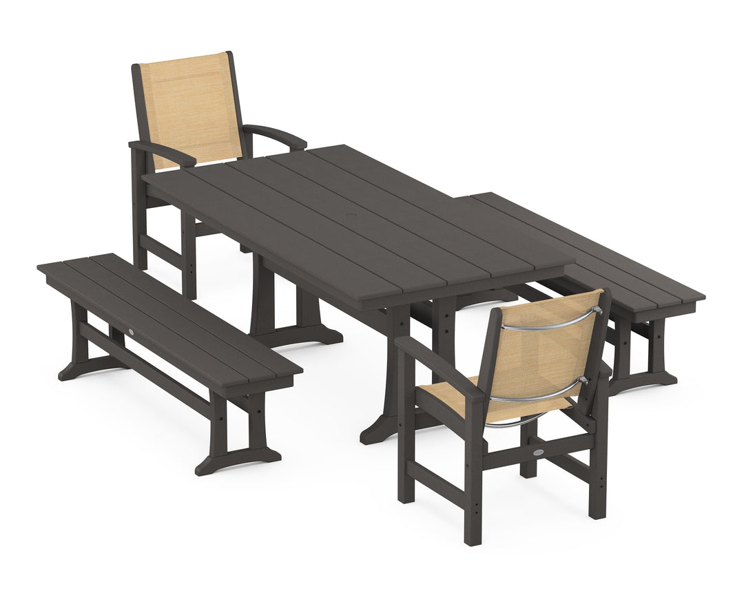 POLYWOOD® Coastal 5-Piece Farmhouse Dining Set with Trestle Legs and Benches