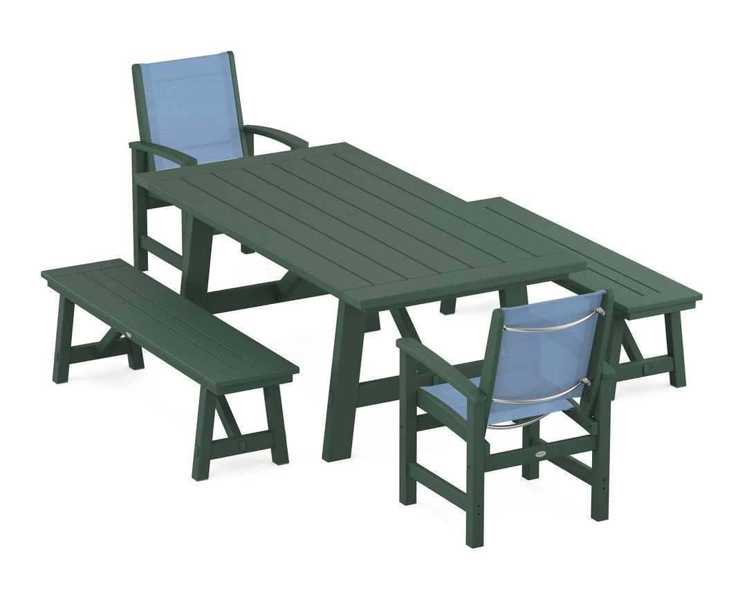 POLYWOOD® Coastal 5-Piece Rustic Farmhouse Dining Set With Benches