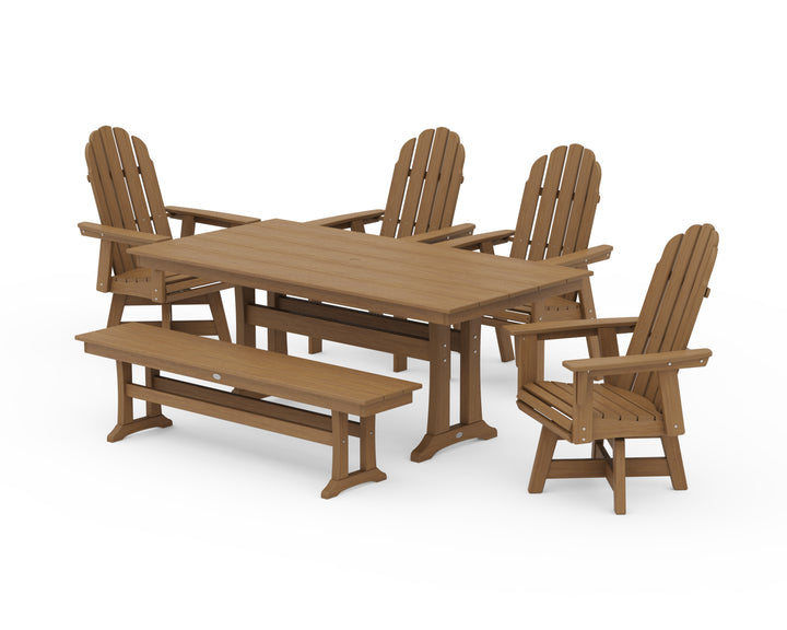 POLYWOOD® Vineyard Curveback Adirondack 6-Piece Swivel Chair Farmhouse Dining Set with Trestle Legs and Bench