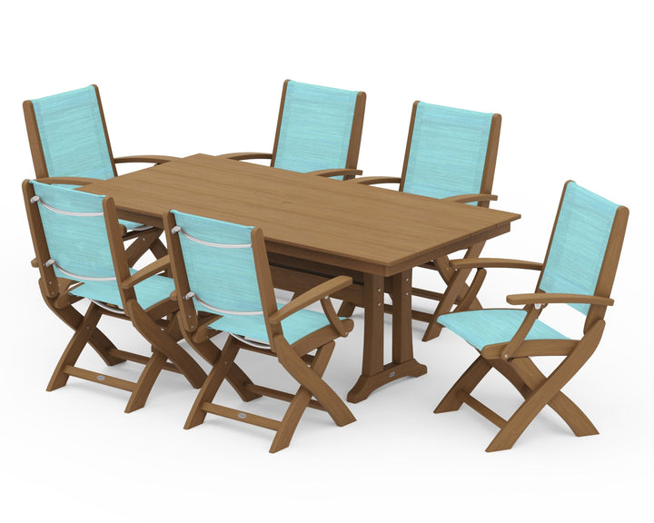 POLYWOOD® Coastal Folding Arm Chair 7-Piece Farmhouse Dining Set with Trestle Legs