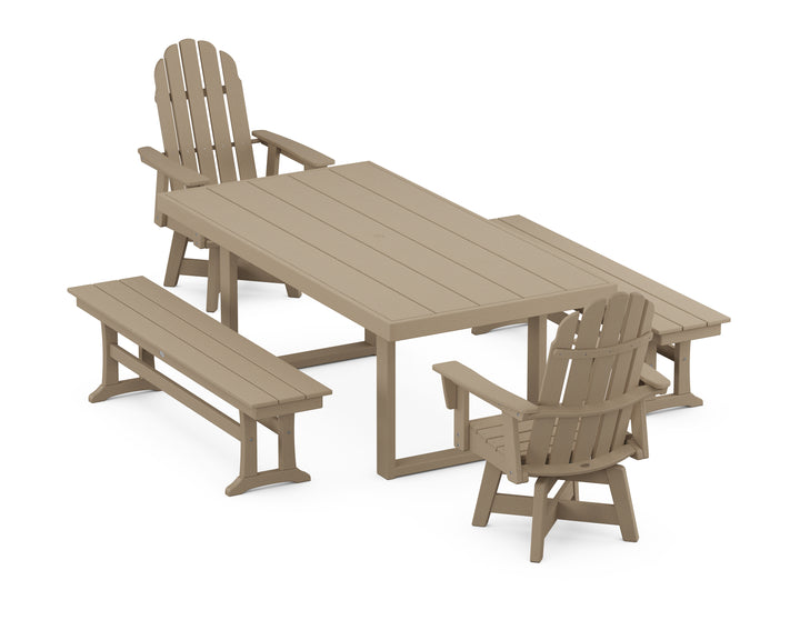 POLYWOOD® Vineyard Curveback Adirondack Swivel Chair 5-Piece Dining Set with Benches