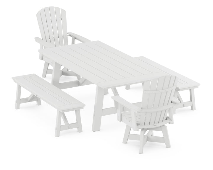 POLYWOOD® Nautical Curveback Adirondack Swivel Chair 5-Piece Rustic Farmhouse Dining Set With Benches
