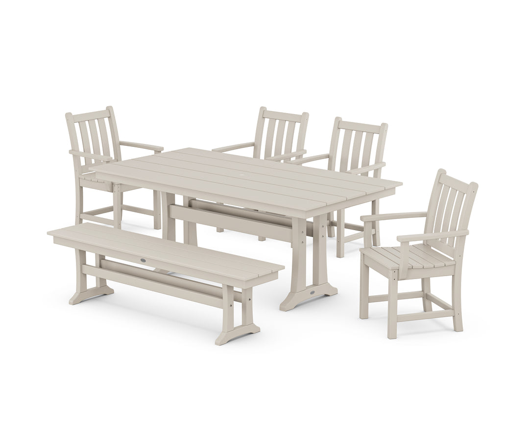 POLYWOOD® Traditional Garden Arm Chair 6-Piece Farmhouse Dining Set with Trestle Legs and Bench