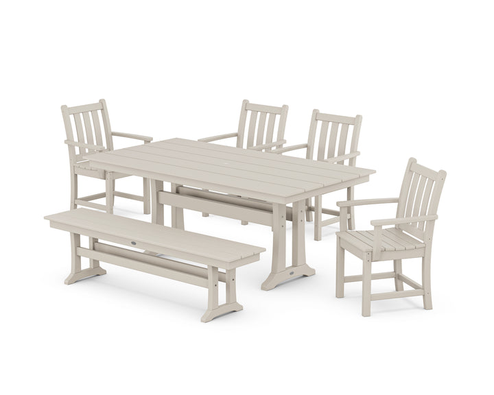POLYWOOD® Traditional Garden Arm Chair 6-Piece Farmhouse Dining Set with Trestle Legs and Bench