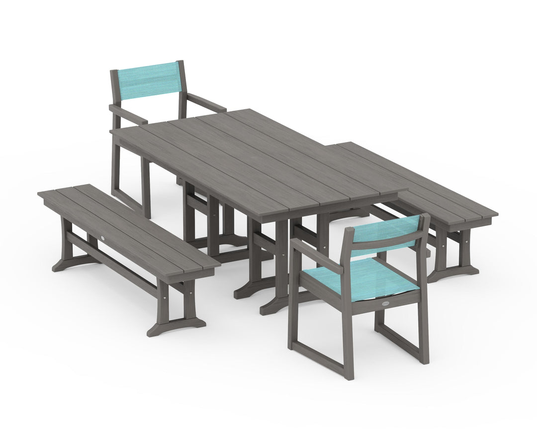 POLYWOOD® EDGE Sling Arm Chair 5-Piece Farmhouse Dining Set with Benches