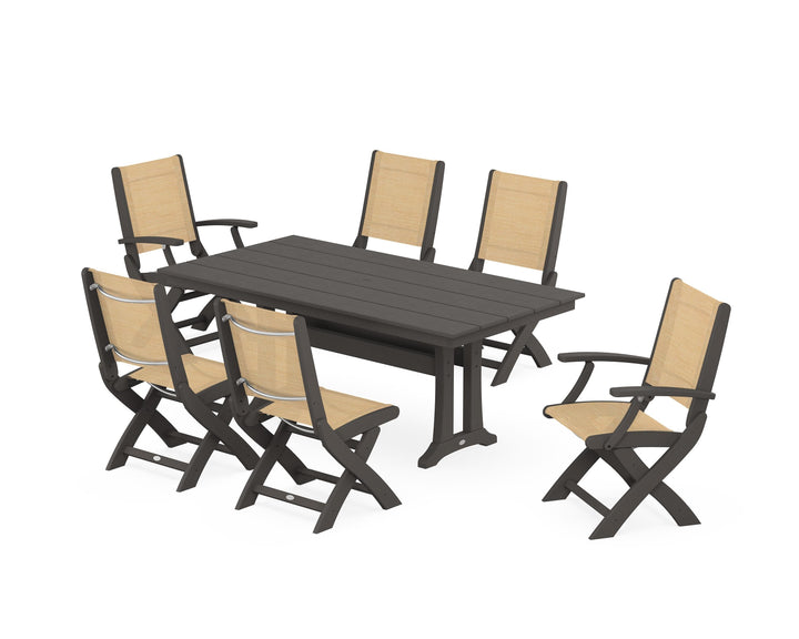 POLYWOOD® Coastal Folding Chair 7-Piece Farmhouse Dining Set with Trestle Legs