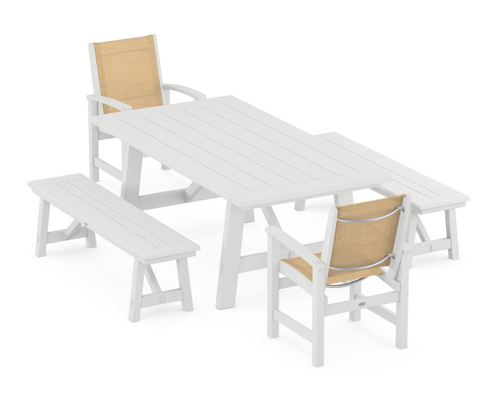 POLYWOOD® Coastal 5-Piece Rustic Farmhouse Dining Set With Benches