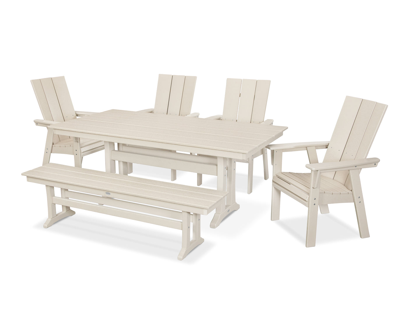 Modern Curveback Adirondack 6-Piece Farmhouse Dining Set with Trestle Legs and Bench