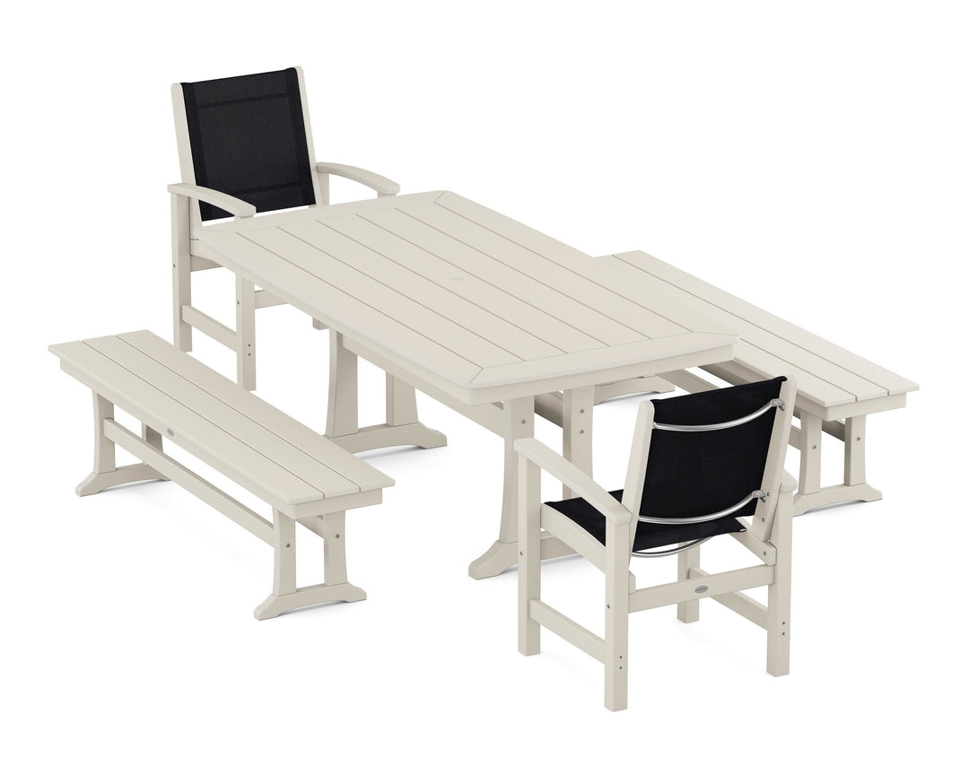 POLYWOOD® Coastal 5-Piece Dining Set with Trestle Legs and Benches