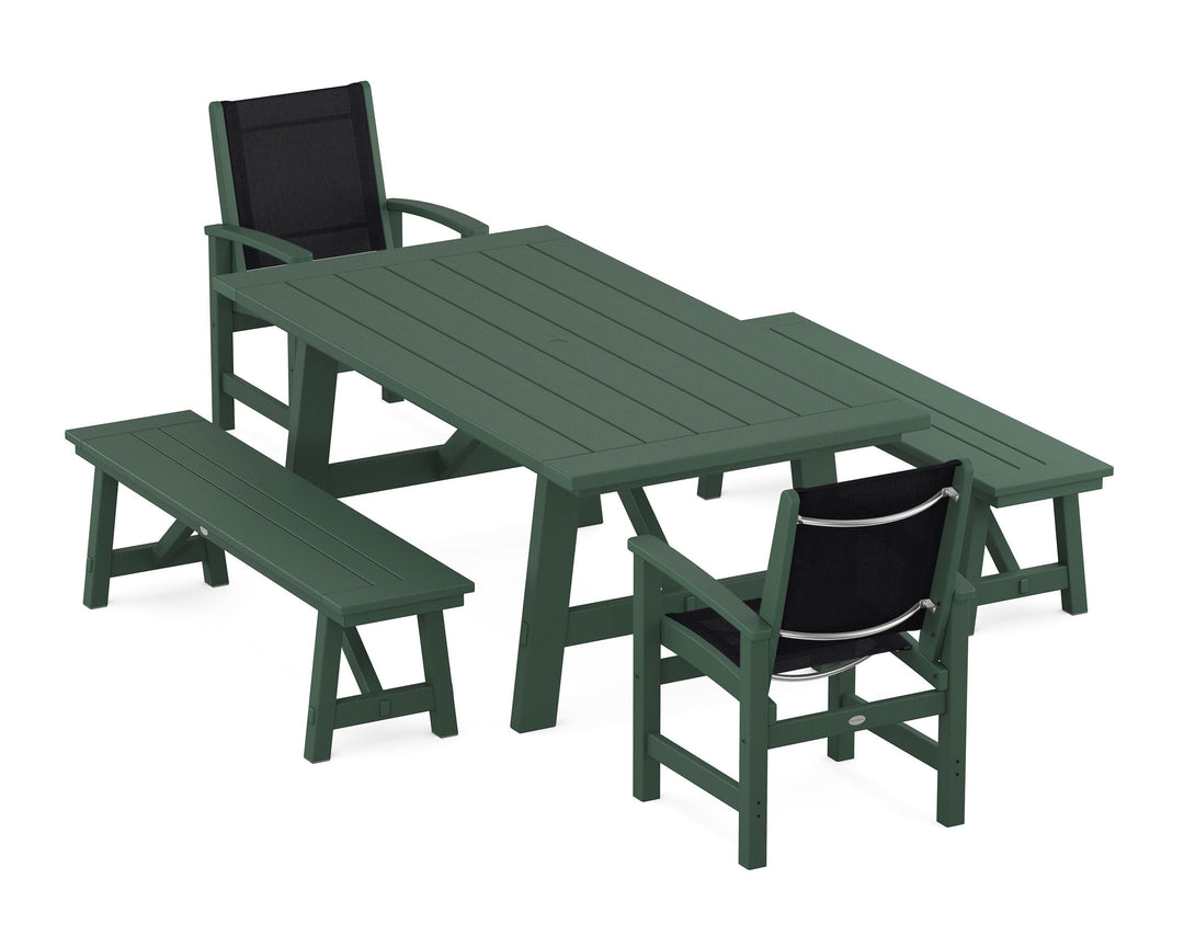 POLYWOOD® Coastal 5-Piece Rustic Farmhouse Dining Set With Benches