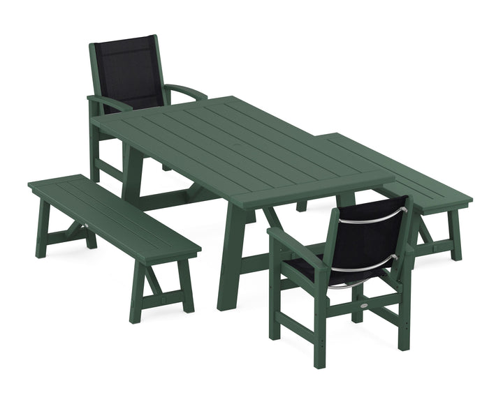 POLYWOOD® Coastal 5-Piece Rustic Farmhouse Dining Set With Benches