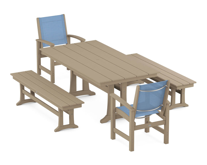 POLYWOOD® Coastal 5-Piece Farmhouse Dining Set with Trestle Legs and Benches