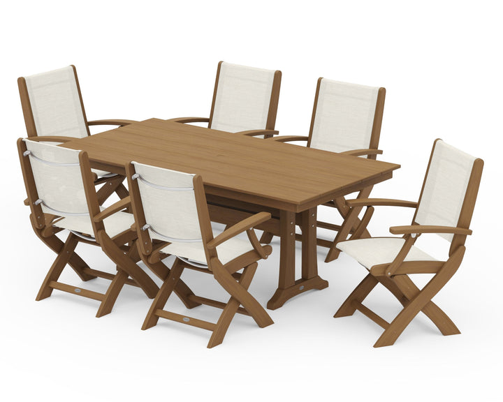 POLYWOOD® Coastal Folding Arm Chair 7-Piece Farmhouse Dining Set with Trestle Legs