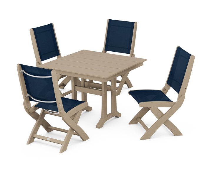 POLYWOOD® Coastal Folding Side Chair 5-Piece Farmhouse Dining Set With Trestle Legs